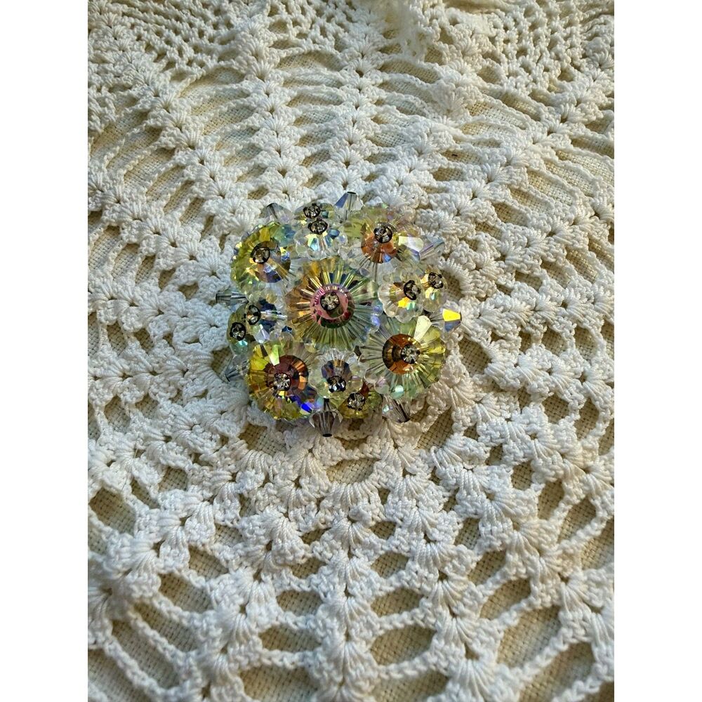 Mid-Century Iridescent AB Crystal Brooch, Vintage 1960s Round Statement Pin
